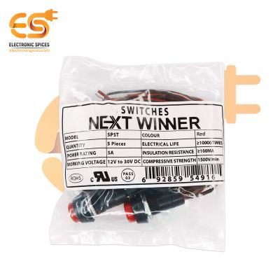 NEXT WINNER SPST 5A 12V/30V DC Red color 2 pins SPST small plastic Push switch with attached wire pack of 5pcs